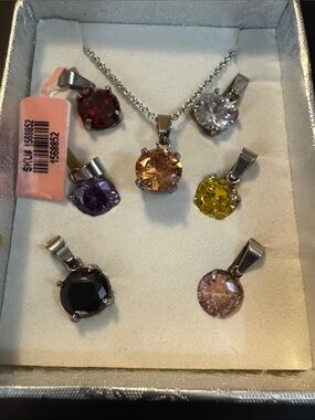 Round Multi-Color Crystal Pendant Necklace - Silver Tone